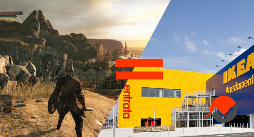 A picture of Dark Souls and an Ikea location, both instances of strategic design in action