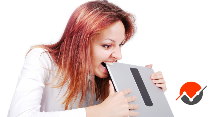 A woman with so much anxiety and stress that she's trying to eat her laptop. Ouch!